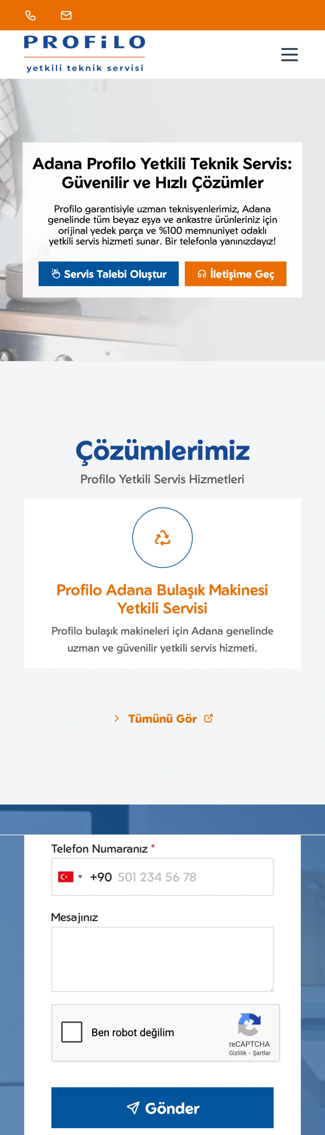 Profilo Adana Servis - CRM Entegreli Teknik Servis Yazılımı ve Web Projesi Kısa: Profilo Adana Servis - Mobil Görünüm